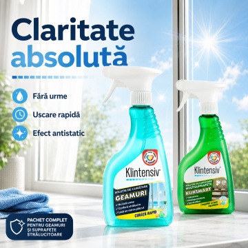 Pachet solutii curatenie si protectie suprafete KlinSmart Klintensiv, solutie cu pelicula protectoare si solutie geamuri cu efect antistatic, 2x 500 ml, 4x Stickere - Img 3