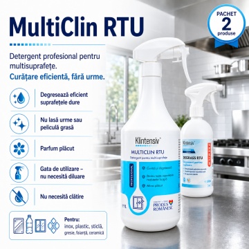 Pachet solutii curatenie zilnica bucatarie Klintensiv Professional, DEGRASS Pro degresant 500 ml si MultiClin RTU detergent multisuprafete 1 L, 2 produse profesionale, 4x Stickere - Img 4