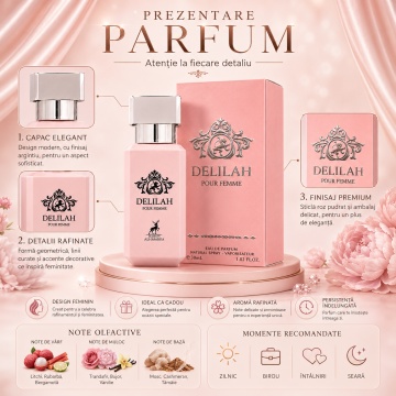 Parfum Arăbesc Alhambra Delilah Pour Femme 30 ml, Apă de Parfum Damă, Inspirat Delina, Aromă Floral Fructată Feminină cu Bergamotă, Fructe Delicate, Pară, Bujor, Flori Albe, Iasomie, Trandafir, Lemn Alb, Mosc și Vanilie - Img 3