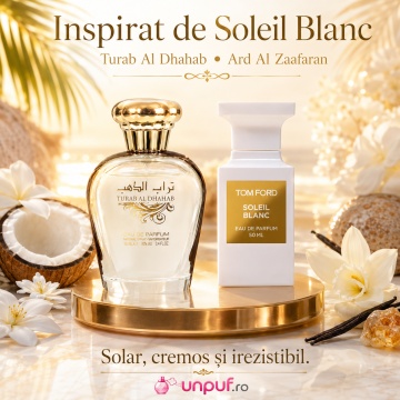 Parfum Arăbesc Ard Al Zaafaran Turab Al Dhahab 100 ml, Apă de Parfum Damă, Inspirat Soleil Blanc, Aromă Oriental Ambrată Solară cu Cocos, Citrice, Bergamotă, Vanilie, Flori Albe, Lemn de Cedru, Lemn de Santal, Mosc și Note Pudrate - Img 8