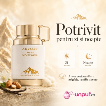 Parfum Arăbesc Armaf Odyssey Eau De Montagne 100 ml, Apă de Parfum Unisex Damă și Bărbat, Aromă Aromatic Orientală cu Acorduri Calde, Migdale, Vanilie, Santal, Mosc și Flori Albe - Img 9