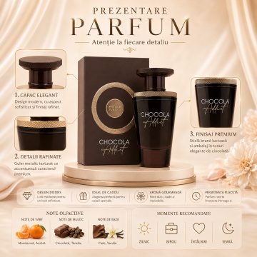 Parfum Arăbesc Chocola Addict Eau de Parfum 100 ml, Apă de Parfum Unisex, Damă și Bărbat, French Avenue, Inspirat Symphonium, Aromă Gourmandă de Ciocolată și Vanilie cu Cacao, Bergamotă, Ciocolată cu Lapte, Frișcă, Boabe de Tonka, Pralină, Caramel, Mosc ș - Img 3