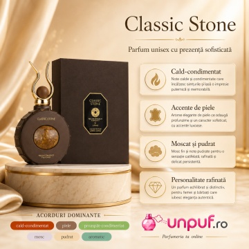 Parfum Arăbesc Classic Stone Lattafa 100 ml, Apă de Parfum Unisex, Damă și Bărbat, Inspirat Complex, Aromă Lemnos Florală Moscată cu Chimen, Cardamom, Violetă, Șofran, Piele Întoarsă, Cuișoare, Nucșoară, Osmanthus, Ambră Gri, Lichen, Mosc și Note Lemnoase - Img 3