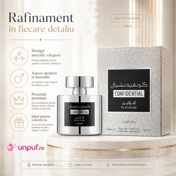 Parfum Arăbesc Confidential Platinum Lattafa 100 ml, Apă de Parfum Bărbați, Aromă Lemnos Aromatică Fresh Sportivă cu Chiparos, Bergamotă, Citrice, Piper Negru, Note Marine, Note Lemnoase, Tămâie, Ambră Gri, Labdanum, Mosc și Mușchi - Img 3