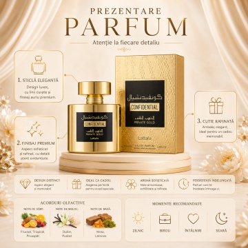 Parfum Arăbesc Confidential Private Gold Lattafa 100 ml, Apă de Parfum Unisex, Damă și Bărbat, Inspirat Kirke Tiziana Terenzi, Aromă Aromatic Fructată Tropicală cu Coacăză Neagră, Fructul Pasiunii, Piersică, Zmeură, Pară, Lăcrămioară, Lemn de Santal, Mosc - Img 3