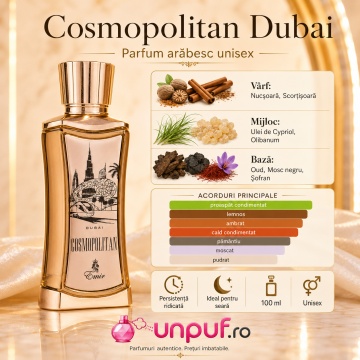 Parfum Arăbesc Cosmopolitan Dubai Emir 100 ml, Apă de Parfum Bărbat, Aromă Floral Fructat Urbană, Lemnoasă, Ambrată și Cald Condimentată, Inspirată de Falkar Bvlgari - Img 9