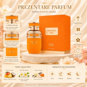 Parfum Arăbesc Damă Tropical Kiss French Avenue 80 ml, Apă de Parfum, Inspirat de Soleil De Jeddah Mango Kiss, Aromă Tropicală Dulce cu Mango, Cocos, Fructe Exotice, Flori Albe, Flori Galbene, Vanilie, Ambră și Mosc - Img 3