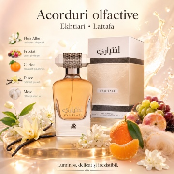 Parfum Arăbesc Ekhtiari Lattafa 100 ml, Apă de Parfum Damă, Aromă Aromatic Fougere cu Fructe, Mandarină, Gardenie, Iasomie, Boabe de Tonka, Mosc și Vanilie - Img 8