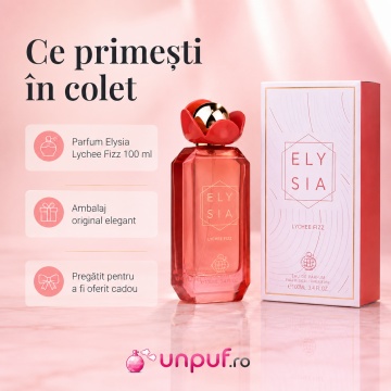 Parfum Arăbesc Fragrance World Elysia Lychee Fizz 100 ml, Apă de Parfum Damă, Aromă Fructată și Proaspătă cu Litchi, Măr Roșu, Coacăze Negre, Zahăr, Lămâie, Violetă, Citrice, Flori Albe, Lavandă, Ambră și Mosc - Img 5