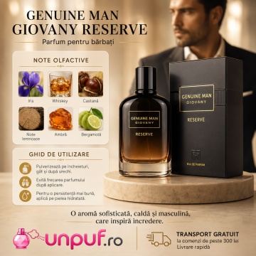 Parfum Arăbesc Genuine Man Giovany Reserve Fragrance World 100 ml, Apă de Parfum Bărbat, Aromă Lemnos Ambrată cu Iris, Whisky, Bergamotă, Castan, Cacao, Lavandă, Cedru, Patchouli și Ambră - Img 9