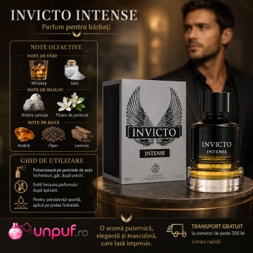 Parfum Arăbesc Invicto Intense Fragrance World 100 ml, Apă de Parfum Bărbat, Aromă Aromatic Ambrată Marină cu Note Marine, Floare de Portocal, Piper Negru, Ambroxan, Dafin, Whisky, Patchouli, Ambră, Lemn de Guaiac și Mosc - Img 9