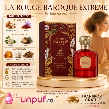 Parfum Arăbesc La Rouge Baroque Extreme Maison Alhambra EDP 100 ml Unisex, Inspirat Baccarat Rouge 540 Extrait, Aromă Oriental Florală cu Șofran, Migdală Amară, Iasomie, Cedru, Ambergris, Mosc și Ambră - Img 9