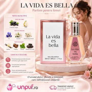Parfum Arăbesc La Vida es Bella Fragrance World 50 ml, Apă de Parfum Damă, Aromă Floral Fructată Gourmand cu Coacăze Negre, Pară, Floare de Portocal, Iasomie, Iris, Patchouli, Boabe de Tonka, Pralină și Vanilie - Img 9