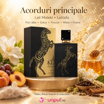 Parfum Arăbesc Lail Maleki Lattafa 100 ml, Apă de Parfum Unisex Damă și Bărbat, Aromă Oriental Floral Fructată cu Fructe, Citrice, Condimente, Miere, Iasomie, Gardenie, Orhidee, Santal, Mosc, Caramel și Ambră - Img 8