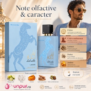 Parfum Arăbesc Lail Maleki Moroccan Blue Lattafa 100 ml, Apă de Parfum Bărbat, Aromă Lemnos Aromatică cu Bergamotă, Citrice, Ambră, Mosc, Note Florale, Oud, Lemn de Santal și Paciuli - Img 9