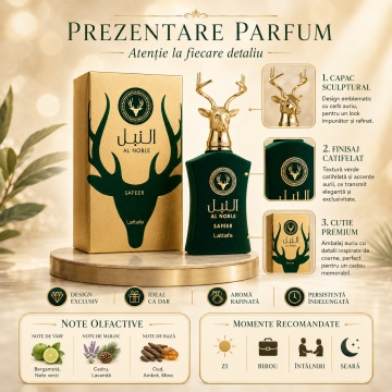 Parfum Arăbesc Lattafa Al Noble Safeer 100 ml, Apă de Parfum Unisex, Aromă Lemnos Aromatică cu Artemisia, Bergamotă, Chimen, Note Verzi, Ienupăr, Labdanum, Lemn de Guaiac, Paciuli și Tămâie - Img 3