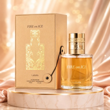 Parfum Arăbesc Lattafa Fire On Ice 110 ml, Apă de Parfum Unisex, Aromă Cald Condimentată cu Cognac, Zmeură, Scorțișoară și Caramel