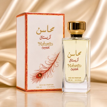 Parfum Arăbesc Lattafa Mahasin Crystal 100 ml, Apă de Parfum Unisex, Damă și Bărbat, Aromă Fructat Florală cu Măr, Coacăze Negre, Frezie, Tangerină, Iasomie și Bergamotă