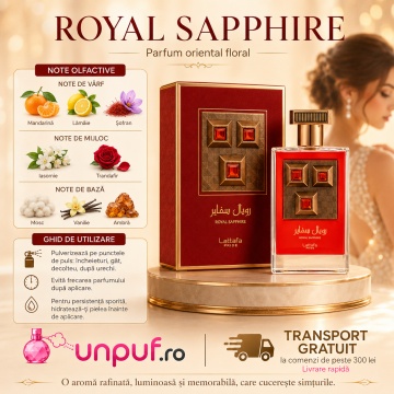 Parfum Arăbesc Lattafa Pride Royal Saphire 100 ml, Apă de Parfum Damă, Aromă Florală Orientală cu Mandarină, Lămâie, Șofran, Iasomie, Trandafir, Mosc, Vanilie și Ambră Cenușie - Img 9