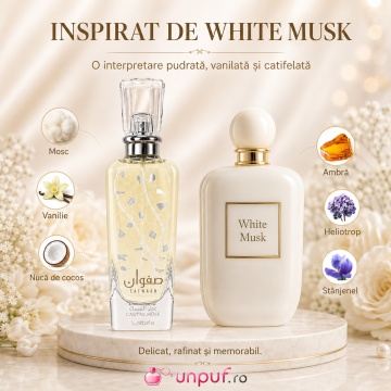 Parfum Arăbesc Lattafa Safwaan L’Autre Musk 100 ml, Apă de Parfum Unisex, Aromă Curată Pudrată cu Mosc, Vanilie, Ambră, Oud și Note Lemnoase - Img 9