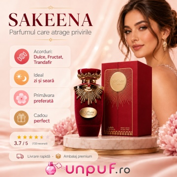 Parfum Arăbesc Lattafa Sakeena 100 ml, Apă de Parfum Damă, Aromă Dulce Fructată cu Fructul Pasiunii, Mandarină, Trandafir, Zmeură, Praline, Cafea și Vanilie - Img 8