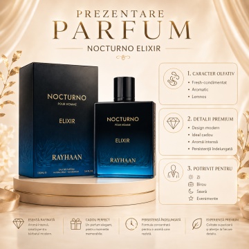 Parfum Arăbesc Nocturno Elixir Rayhaan EDP 100 ml Unisex, Inspirat Sauvage Elixir, Aromă Oriental Fougère cu Bergamotă, Ierburi Aromatice, Piper, Condimente, Geranium, Lavandă, Ambră, Mosc și Vetiver - Img 3