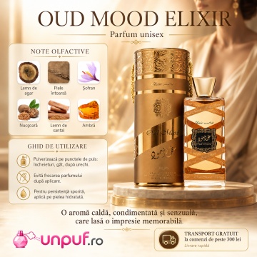 Parfum Arăbesc Oud Mood Elixir Lattafa 100 ml, Apă de Parfum Unisex Damă și Bărbat, Aromă de Pielărie cu Bergamotă, Condimente, Șofran, Cardamom, Mușcată, Paciuli, Oud, Mosc și Pielărie - Img 9