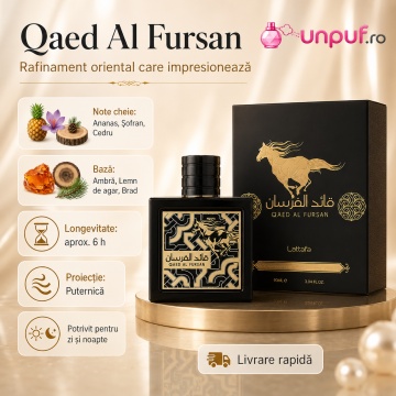 Parfum Arăbesc Qaed Al Fursan Lattafa 90 ml, Apă de Parfum Bărbat, Aromă Oriental Lemnoasă cu Ananas, Șofran, Iasomie, Balsam de Brad, Oud, Ambră și Note Lemnoase - Img 9