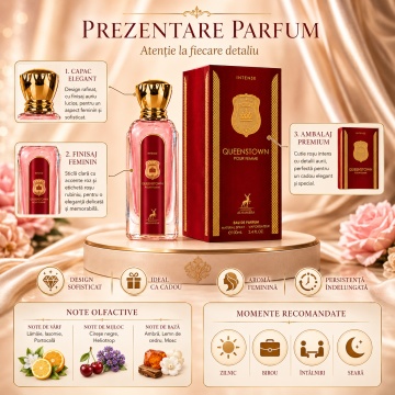 Parfum Arăbesc Queenstown Intense Pour Femme Maison Alhambra EDP 100 ml Damă, Inspirat Q Dolce & Gabbana, Aromă Aromatic Fructată cu Lămâie Siciliană, Iasomie, Portocală, Cireașă Neagră, Heliotrop, Ambră și Note Lemnoase - Img 3