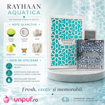 Parfum Arăbesc Rayhaan Aquatica EDP 100 ml pentru Bărbați, Aromă Fresh Exotică, Citrice, Cocos, Bergamotă, Rom și Mosc - Img 10