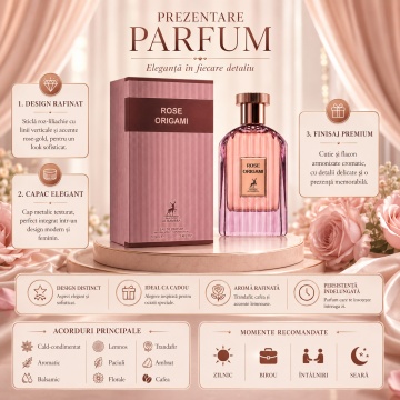 Parfum Arăbesc Rose Origami Maison Alhambra EDP 100 ml Damă, Inspirat Cafe Rose Tom Ford, Aromă Oriental Florală cu Trandafir Turcesc, Cafea, Trandafir Bulgăresc, Paciuli, Cardamom, Coriandru, Ylang Ylang, Lemn de Santal și Olibanum - Img 3