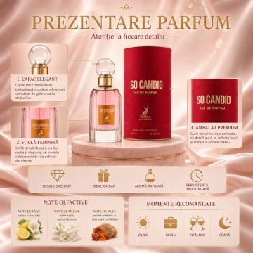 Parfum Arăbesc So Candid Maison Alhambra EDP 85 ml Damă, Inspirat Scandal By Night, Aromă Floral Fructată cu Floare de Portocal, Fructe, Zmeură, Iasomie, Tuberoză și Lapte - Img 3