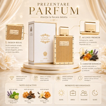 Parfum Arăbesc The Kingdom Men Lattafa EDP 100 ml Bărbat, Inspirat Le Male Elixir Jean Paul Gaultier, Aromă Aromatic Orientală cu Lavandă, Mentă, Salvie, Floare de Portocal, Tutun, Vanilie, Tonka, Labdanum și Rășină Benzoică - Img 3
