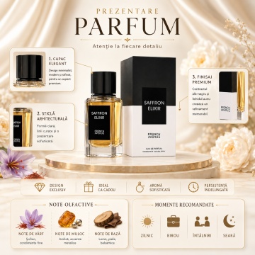 Parfum Arăbesc Unisex Saffron Elixir French Avenue 100 ml, Apă de Parfum, Inspirat de Crystal Saffron Matiere Premiere, Aromă Oriental Ambrată cu Citrice, Iasomie, Șofran, Condimente Fine, Ambră, Accente Metalice, Cedru, Mosc, Rășini, Lemn și Note Balsami - Img 3