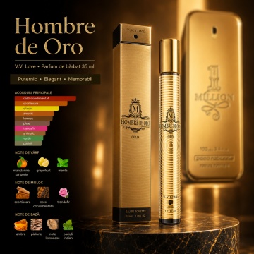 Parfum Bărbați Hombre de Oro 35 ml V.V. Love, Apă de Toaletă, Inspirat de 1 Million Rabanne, Aromă Cald Condimentată cu Mandarină Sângerie, Grapefruit, Mentă, Scorțișoară, Ambră, Piele și Paciuli - Img 4