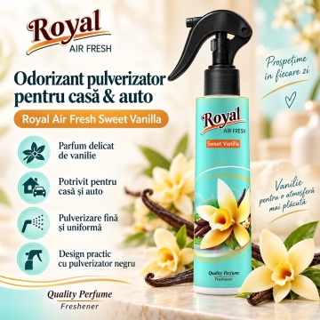 Parfum Concentrat de Cameră Sweet Vanilla Royal, Parfum Ambiental Intens cu Aromă Dulce de Vanilie, pentru Spații Interioare si Auto, 250 ml