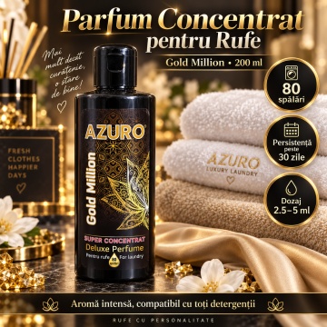 Parfum Concentrat pentru Rufe Azuro Gold Million, până la 80 Spălări, Parfum Intens și Elegant, pentru Spălare Automată și Manuală, 200 ml