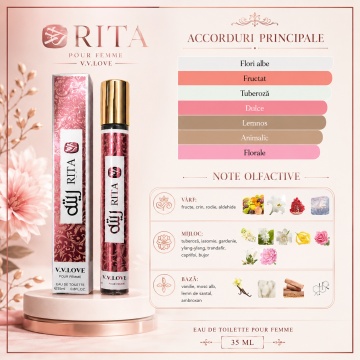 Parfum Damă Arăbesc Rita 35 ml V.V. Love, Apă de Toaletă, Inspirat de Fakhar Rose Lattafa, Aromă Floral Fructată cu Tuberoză, Iasomie, Gardenie, Trandafir, Vanilie, Mosc Alb și Lemn de Santal - Img 3