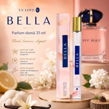 Parfum Damă Bella Pour Femme 35 ml V.V. Love, Apă de Toaletă, Inspirat de My Way Giorgio Armani, Aromă Florală cu Floare de Portocal, Bergamotă, Tuberoză, Iasomie Indiană, Vanilie, Mosc Alb și Cedru