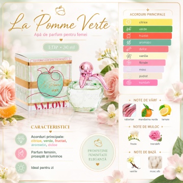 Parfum Damă V.V. Love La Pomme Verte Eau de Parfum 30 ml, Inspirat din Nina Ricci Bella, Aromă Fresh, Verde și Fructată - Img 2