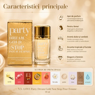 Parfum Damă V.V. Love Party Dream Gold Non Stop Pour Femme Eau de Parfum 30 ml, Inspirat din Carolina Herrera 212 VIP, Aromă Dulce și Elegantă - Img 7