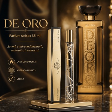 Parfum De Oro 35 ml, Apă de Parfum Unisex, Aromă Cald Condimentată, Ambrată și Lemnoasă, Format Compact, Note de Mandarină Sângerie, Grapefruit, Mentă, Scorțișoară, Paciuli Indian, Note Lemnoase, Pielărie și Ambră