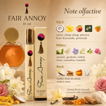 Parfum Fair Annoy 35 ml, Apă de Parfum Damă, Aromă Oriental Florală Caldă și Feminină, Format Compact, Note de Cocos, Ylang-Ylang, Piersică, Portocală, Iasomie, Gardenie, Trandafir, Vanilie, Ambră și Mosc - Img 3