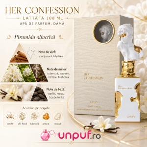 Parfum Her Confession Lattafa 100 ml, Apă de Parfum Damă, Aromă Floral Lemnos Mosc, Note de Scorțișoară, Mystikal, Iasomie, Tuberoză, Tămâie, Tonka, Mosc și Vanilie - Img 3