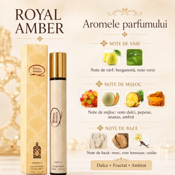 Parfum Royal Amber 35 ml, Apă de Parfum Unisex, Aromă Dulce Fructată și Ambrată, Format Compact, Note de Bergamotă, Note Verzi, Pepene, Ananas, Ambră, Mosc, Note Lemnoase și Vanilie - Img 4