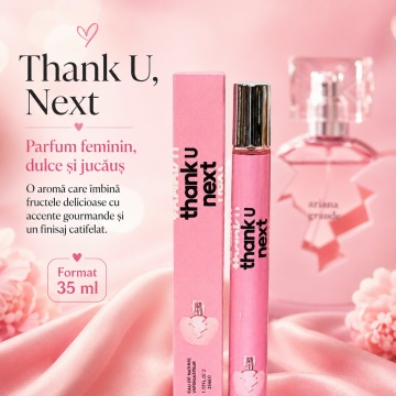 Parfum Thank U Next 35 ml, Apă de Parfum Damă, Aromă Fructat Gourmandă, Format Compact, Note de Pară, Zmeură, Nucă, Trandafir Roz, Mosc și Macaroon, Inspirat din Ariana Grande Thank U, Next - Img 2