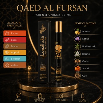 Parfum Unisex Arăbesc Qaed Al Fursan 35 ml V.V. Love, Apă de Parfum, Inspirat de Qaed Al Fursan Lattafa, Aromă Fructată, Lemnoasă și Ambrată cu Ananas, Șofran, Brad Balsamic, Iasomie, Cedru, Ambră și Oud - Img 3