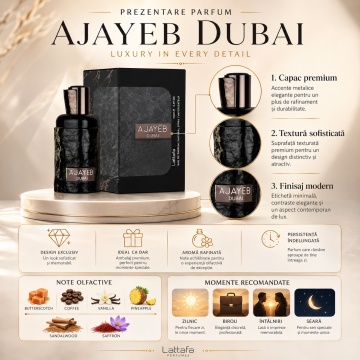 Parfum Unisex Lattafa Ajayeb Dubai, Eau de Parfum 100 ml, Aromă Dulce Condimentată cu Vanilie, Cafea, Caramel, Șofran și Ananas - Img 3