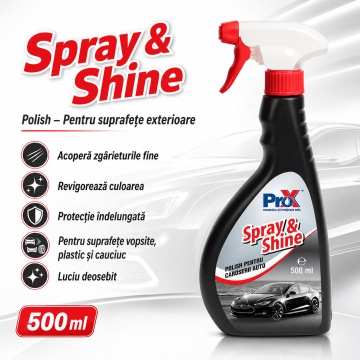 Polish auto exterior PRO X Spray & Shine, soluție cu polimeri siliconici pentru luciu, protecție caroserie, acoperire zgârieturi fine și revigorare culoare, 500 ml, 4x Stickere - Img 2