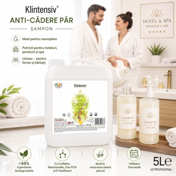 Șampon anti-cădere Klintensiv, formulă profesională cu Caffeine, Niacinamide, Zinc PCA și D-Panthenol, pentru saloane, hoteluri, firme și reumplere, produs românesc, bidon 5 L, 4x stickere - Img 2
